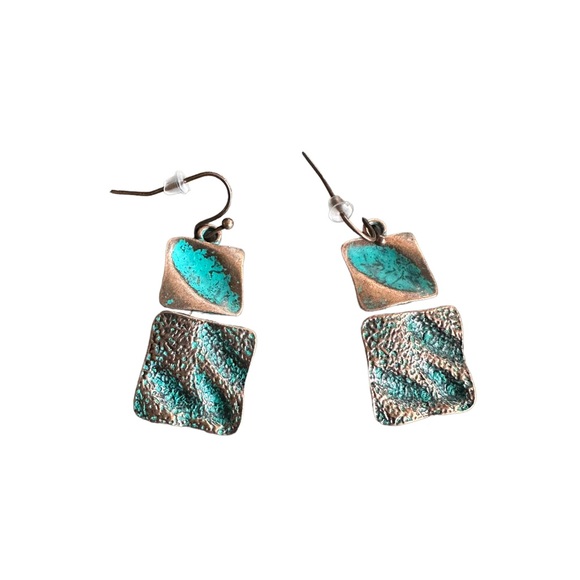 Bronze and Turquoise Square Drop Earrings - Picture 2 of 7